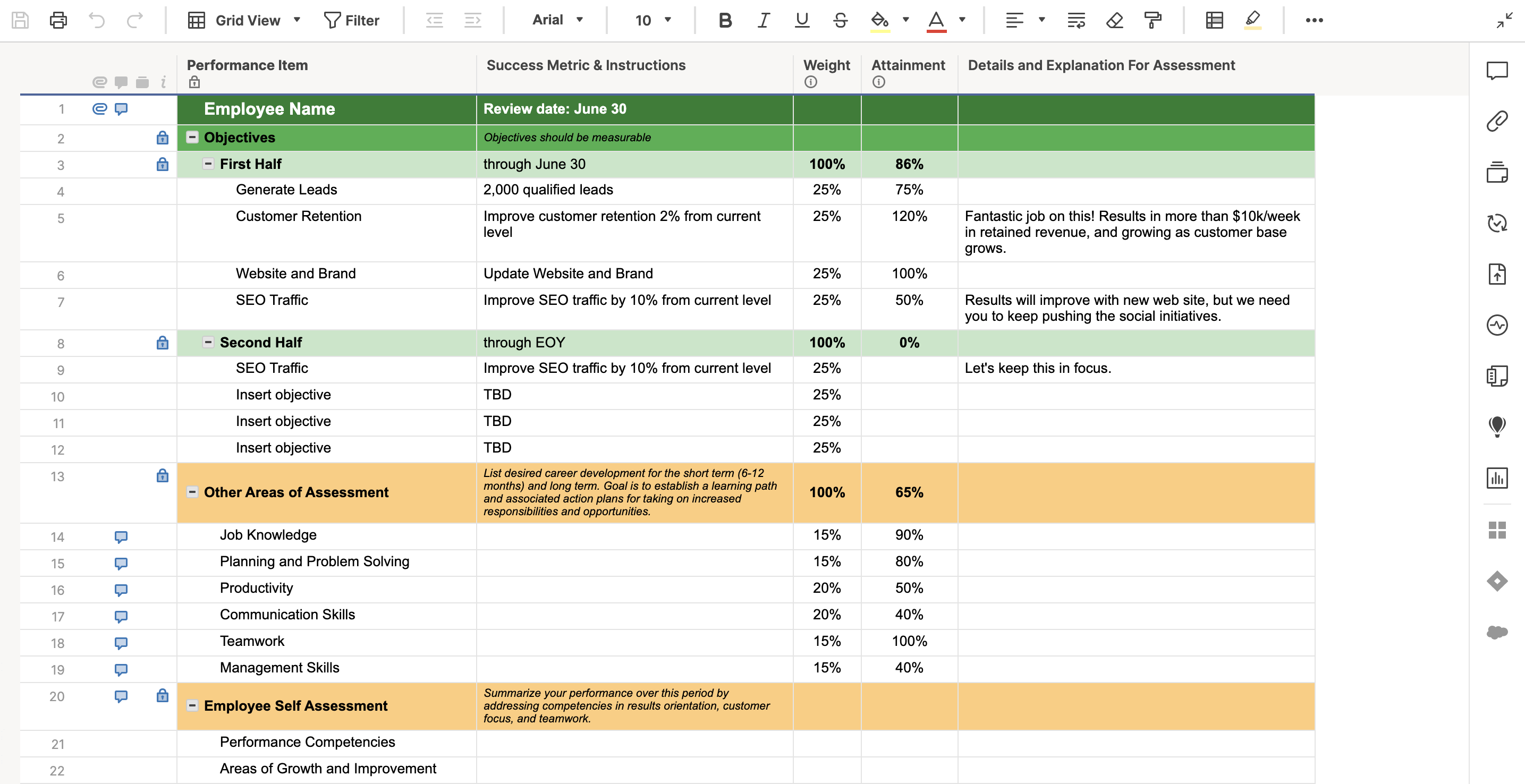 employee performance review goals and objectives examples